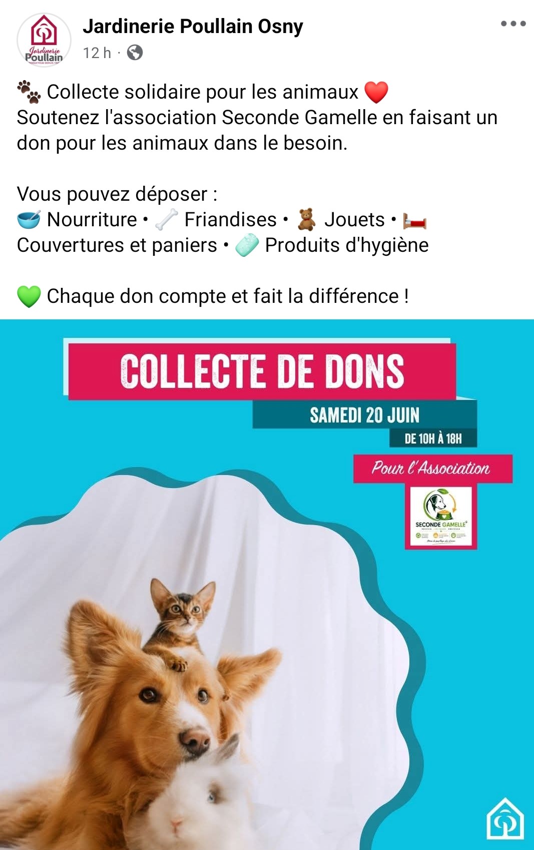 Affiche de la collecte solidaire chez Jardinerie Poullain Osny