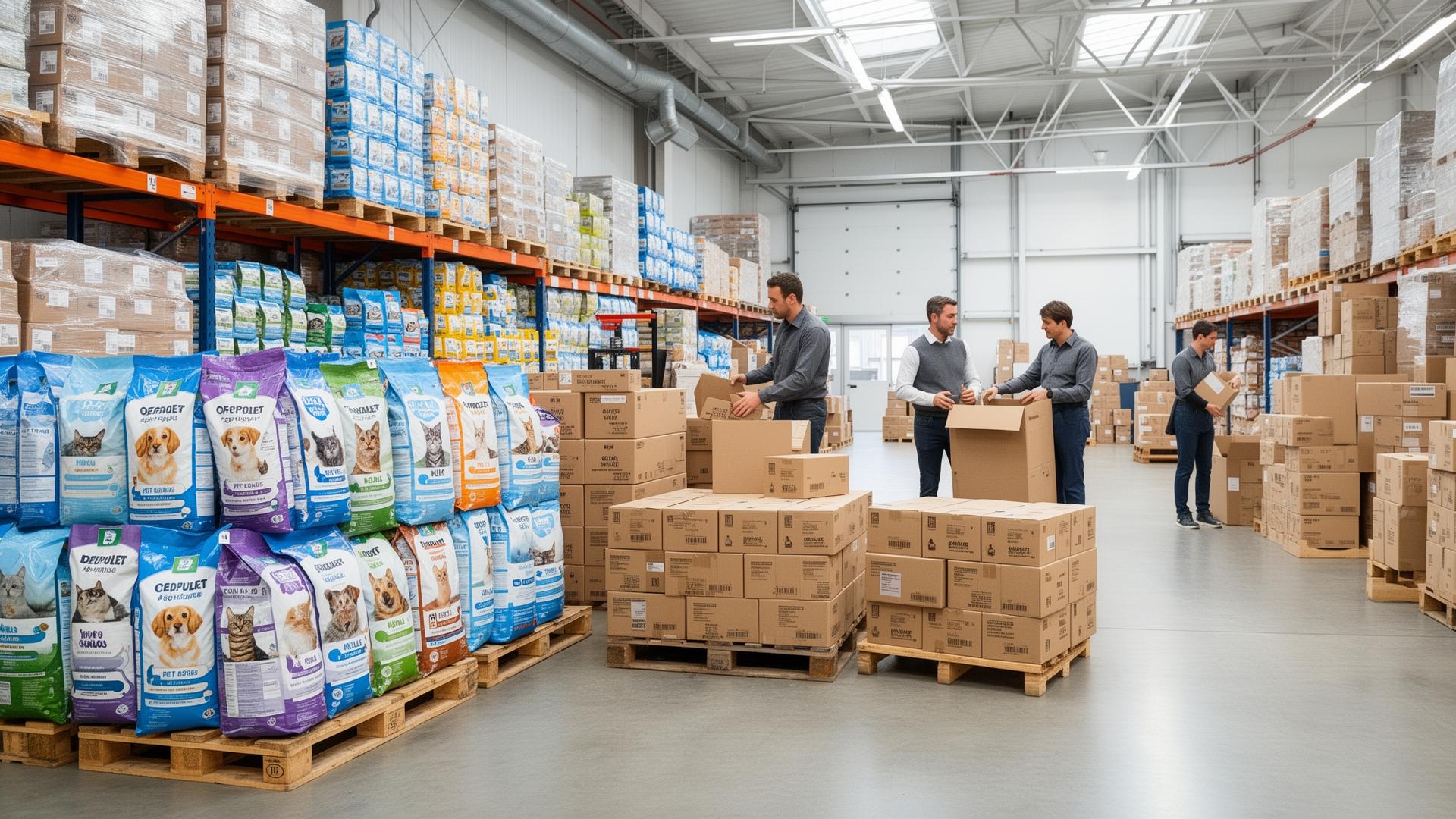 Entrepôt logistique avec palettes de croquettes et équipe de collecte